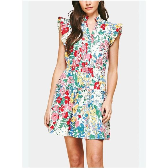 Pinch Paige Bright Days Ahead Floral Cotton Blouson Flutter Dress $98 L - Picture 1 of 9